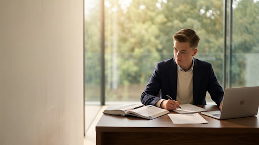 Affluent student focused studying Cambridge curriculum in luxury private home library